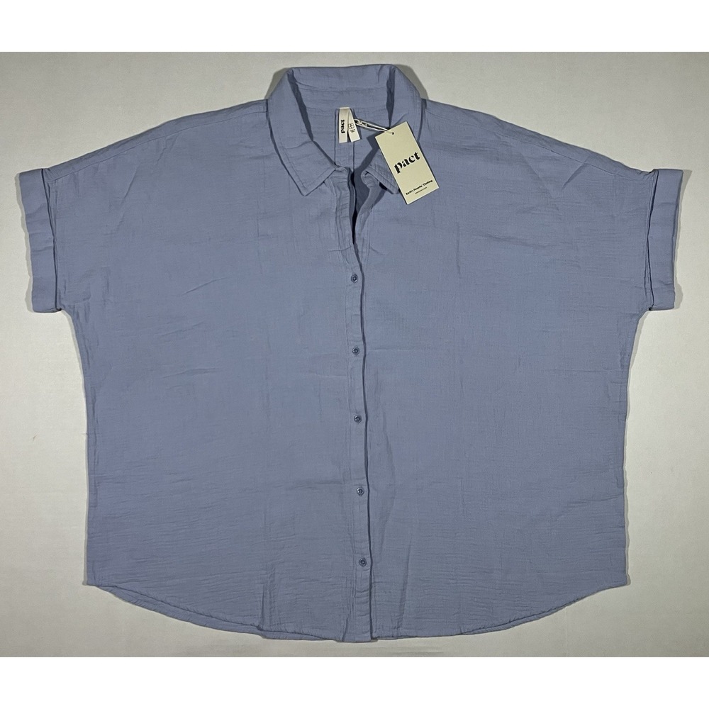 Pact Shirt Coastal Double Gauze Oversized Womans M/L Button Up Cornflower Blue